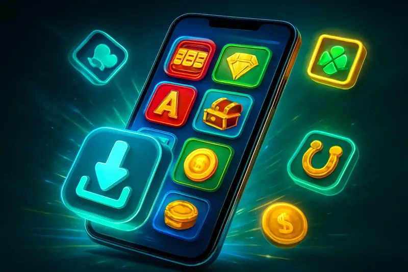 Glossy smartphone casino app banner with neon download icon and glowing tiles