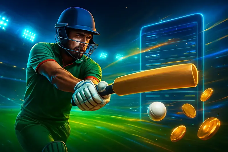 Cricket batter striking ball under stadium lights for sportsbook banner