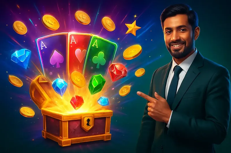 Reward Chest Burst Glowing reward chest with cards, coins, gems, and stars bursting outward
