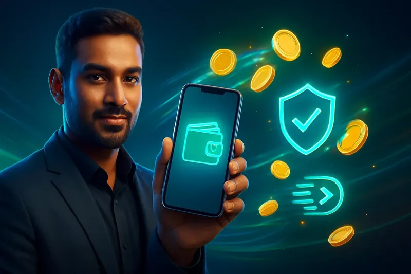 Hand holding smartphone with secure mobile wallet, coins, and speed trails