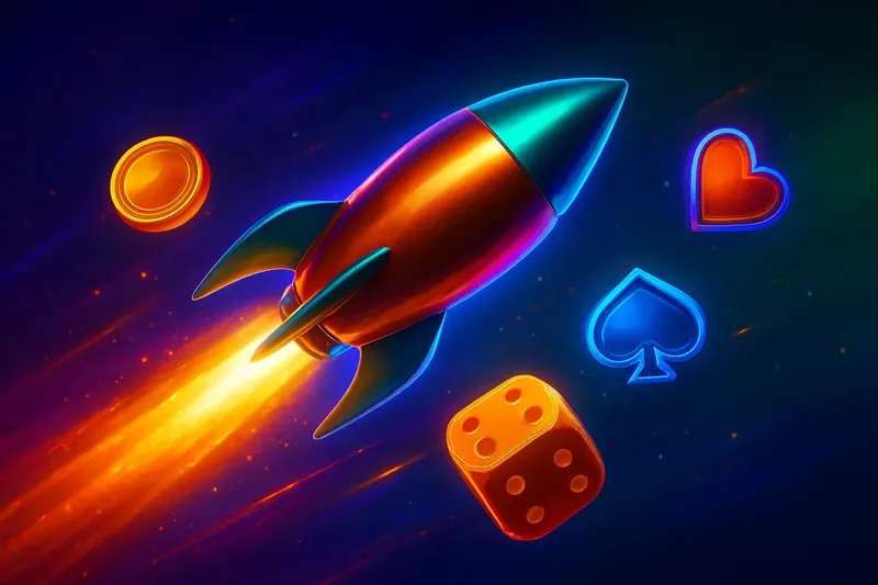 Glossy rocket launch casino banner with neon speed trail and game particles