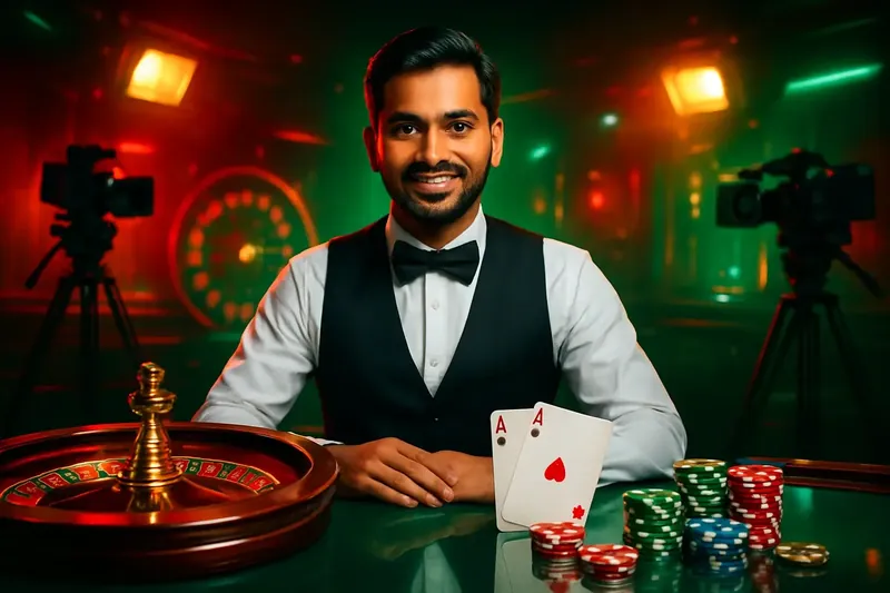 Friendly professional live dealer with roulette cards chips and studio lights