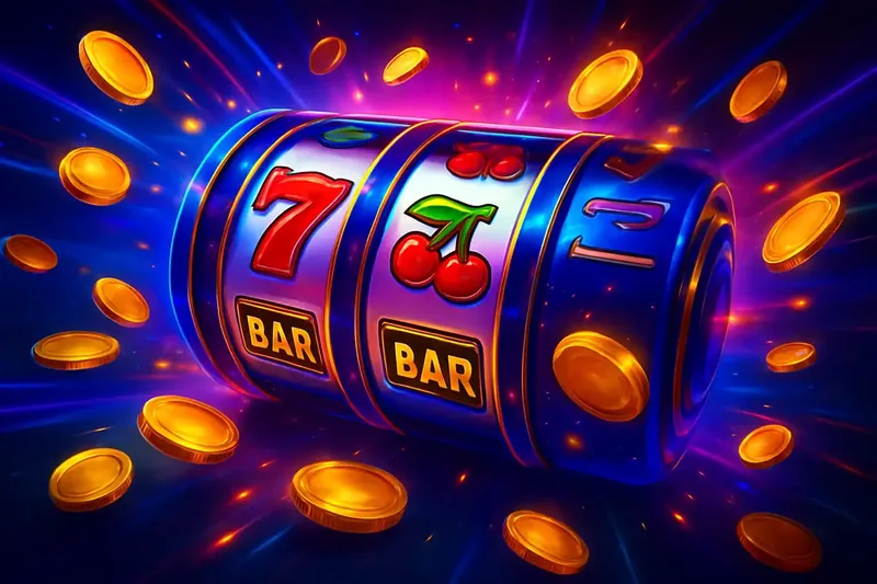 Colorful spinning slot machine reels with coins, sparkles, and neon glow